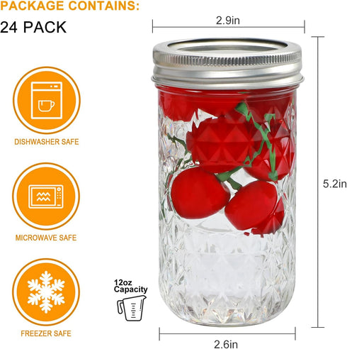 12 OZ,Canning 24PACK,Glass Flrolove Mason Jars Jars with Lids Jam Jars, Jelly Jars with Airtight Lids,Ideal