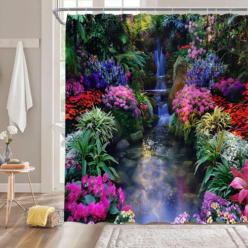 Nature Garden Shower Curtain with Colorful Floral Tropical Plant Jungle Rainforest Design, Hooks Included