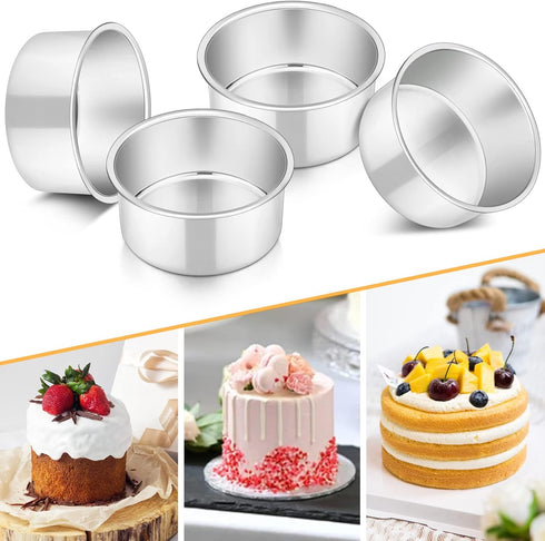 P&P CHEF Set of 4 Cake Pans, Stainless Steel Round Baking Tins for Birthday Wedding, Leak-proof & Easy Clean, 4 Inch.