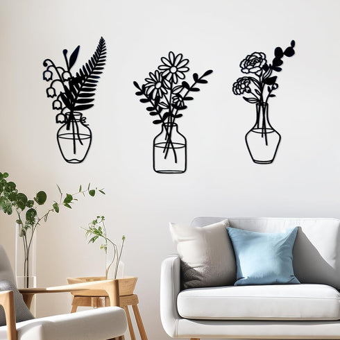 Zzbakress 3 Pcs Black Metal Flowers and Vases Wall Decoration - Minimalist Art Wall Sculpture for Living Room