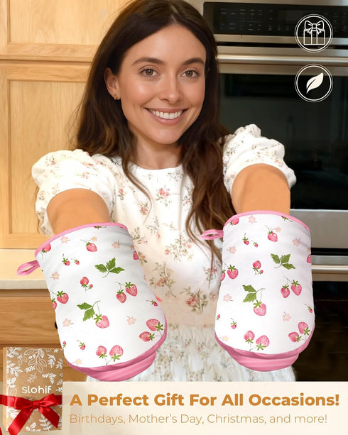 Set 100% Slohif Cute Strawberry Mini Oven Mitts Pink Extended Short Heat Resistant Kitchen Gloves for Women, Cotton