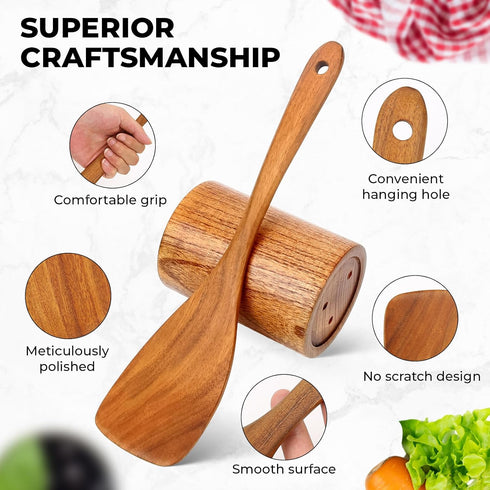 Wooden Cooking Utensils Set - Natural Teak Kitchen Utensil Set with Spoon Rest & Holder, 9 Piece