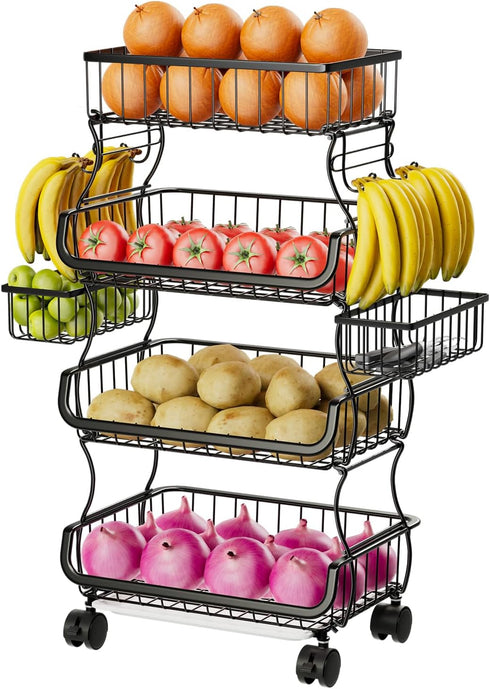 Simple Trending 4 Tier Rolling Cart, Stackable Kitchen Storage Metal Wire Basket Stand with Wheels and 2 Hanging Baskets