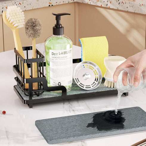 Counter Consumest Sponge Holder for Kitchen Sink - Sink Caddy Organizer with Water Absorbing Stone Tray, Detachable