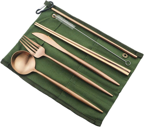 Eco-friendly Matte Finish Flatware Sets 7 Pieces Cutlery Set Knife Fork Spoon 18/10 Stainless Steel Rose Gold Portable Travel Utensil Set for Travel/Camping Office Lunch with Green Carry Case by Gugrida