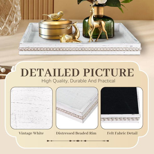 Countertop, 16.5" 13"x 1.6" Wooden Decorative Tray, Rectangular Serving Tray with Wood Bead, Farmhouse Big Tray