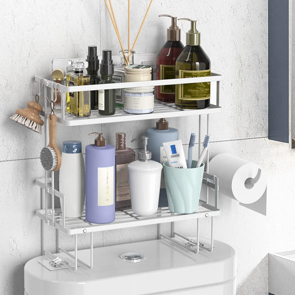 Over The Toilet Storage Shelf, 2-Tier Bathroom Organizer, Punch-Free Home Storage Rack with Hooks, White