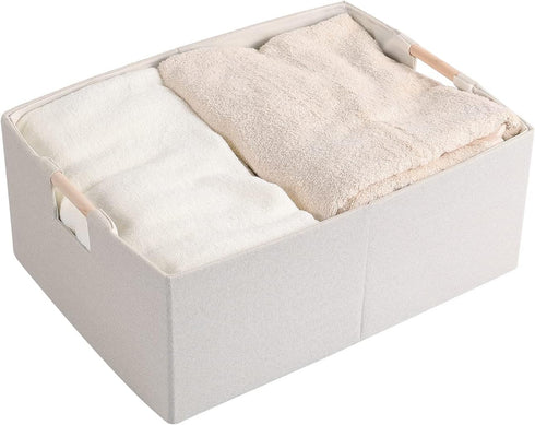 Fabric Storage Bin Box Foldable Cotton Linen Storage Basket with Wooden Handles Rectangular Cube Decorative Home Laundry Organizer Clothes Blanket Container – Beige, Large by LaMore
