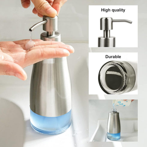Dish Soap Dispenser with Stickers, Brushed Nickel Stainless Steel and Glass, Refillable Liquid Hand Soap Dispenser