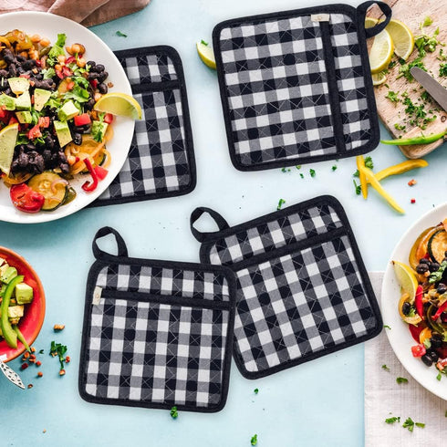 NEOVIVA Quilted Kitchen Pot Holder Set - 2 Hot Pot Holders, 8”x8”, Heat Resistant with Pocket, Checked Navy Blue