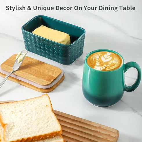 Hasense Large Ceramic Butter Dish with Lid, Green Airtight Butter Container for Countertop, Easy Clean Dishwasher Safe