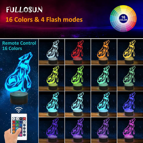 FULLOSUN Wolf Gifts, 3D Night Light for Kids, Optical Illusion Lamp with Remote Controller and 16 Color Changing