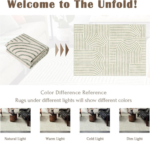 5x7 LUXRUG Washable Area Rug - Boho Living Room Rug Soft Indoor Carpet Ultra-Thin Sage Green Modern Abstract Rainbow