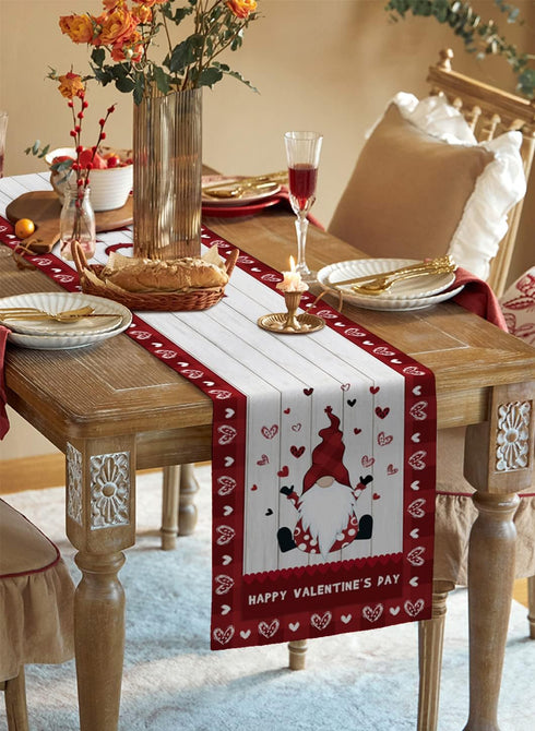 Valentine's Day Table Runner 70 Inches Long, Gnomes and Love Hearts on Wood Grain with Red Lattice Border