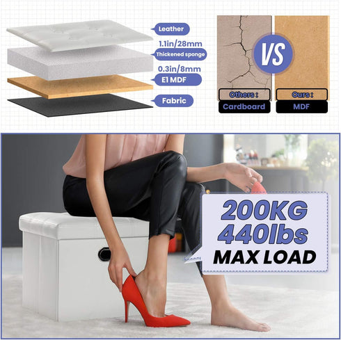 COSYLAND Storage Ottoman 17x13x13in, Leather Rectangle Foot Rest Folding Ottoman for Room Organizer with Handles