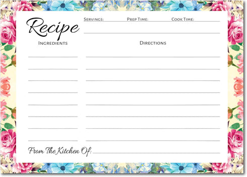 Pioneer Woman Style Floral Recipe Cards: 100 Pcs Flower Recipe Cards, Perfect for Bridal Shower