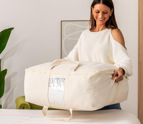 Soft Canvas Storage Bags with Zipper, Thick Breathable, 1pc King/Queen Comforter Organizer, Large 25x19x9in for
