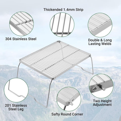 YETO 2 Hight Camping Grill Grate with Legs - 304 Stainless Steel Folding Grate for Outdoor Cooking, Silver-Large