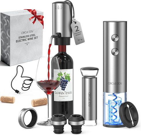 CIRCLE JOY Rechargeable Electric Wine Opener Set 8-in-1 Stainless Steel Automatic Wine