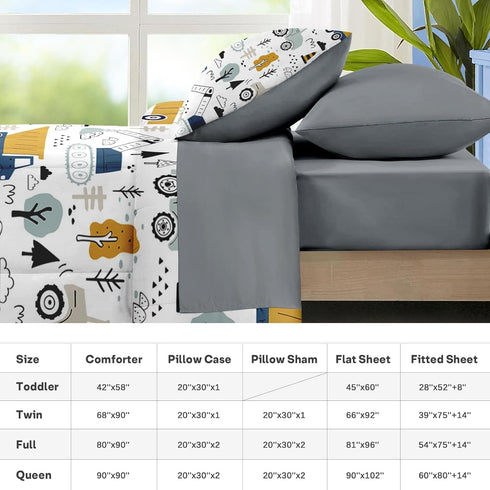 5 Set Bulldozer Nesker Pcs Comforter Twin Size, Cute Cars Truck Tractor Bedding for Kids Teen, Cargo Crane Excavator