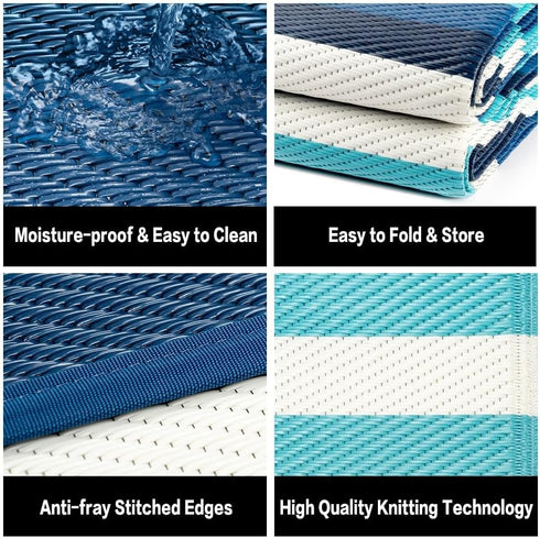 6'x9' HUGEAR Outdoor Waterproof Rug Plastic Straw Rugs Washable Reversible Floor Mat Blue Stripe Carpet for Camping RV