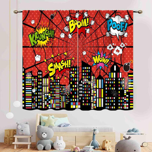 Superhero City Curtains for Boys, Red Spider Web Cityscape Blackout Window Curtains, 2 Panel Sets for Baby Room,