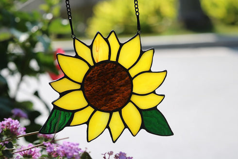 Handmade Sunflowers Gifts Stained Glass Window Hanging, 5×6 Inch Suncatcher Kitchen Decor for Women, Mom, Grandma