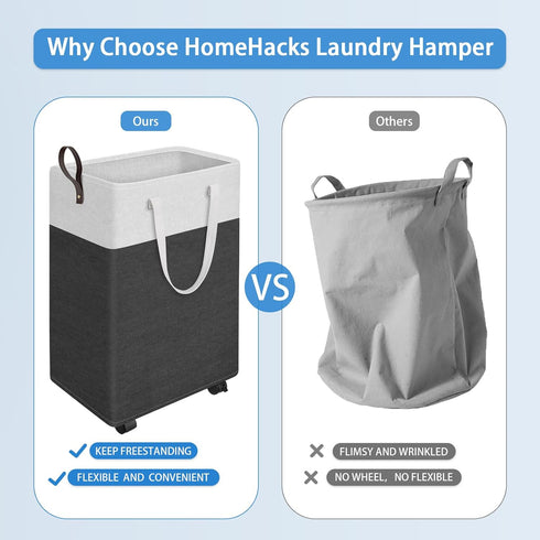 HomeHacks Rolling Large Laundry Hamper, Waterproof Collapsible Basket on Wheels for Bathroom and Bedroom