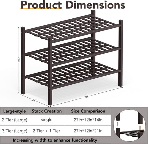 3 Closet,Hallway,Entryway,Small 27"x12"x21" Haddockway Large Tier Bamboo Shoe Rack Storage Organizer, Multifunctional