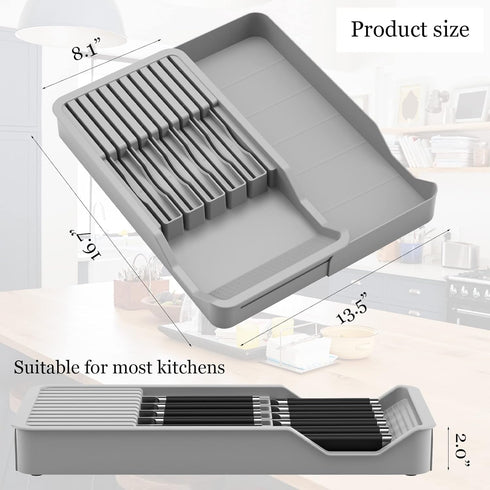 Knife Holder, In Drawer Knife Block Holder with Expandable Cutlery Tray Kitchen Drawer Organizer Insert-Holds 11 Knives for Save Space & Kitchen Safety (Drawer knife holder, Plastic) by Mulikeer