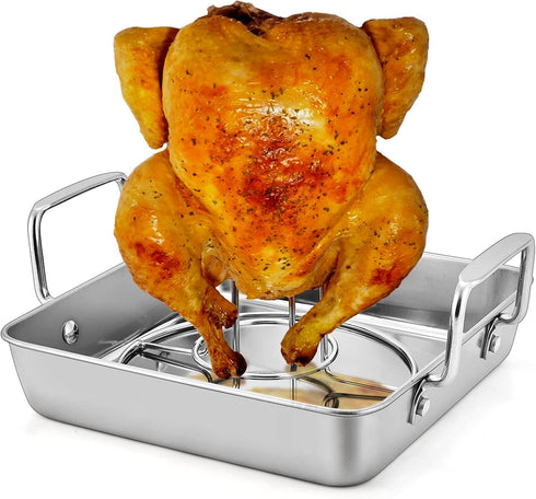 P&P CHEF Beer Can Chicken Holder with Roasting Pan Set | 9-inch Stainless Steel Baking Pan and Chicken Rack