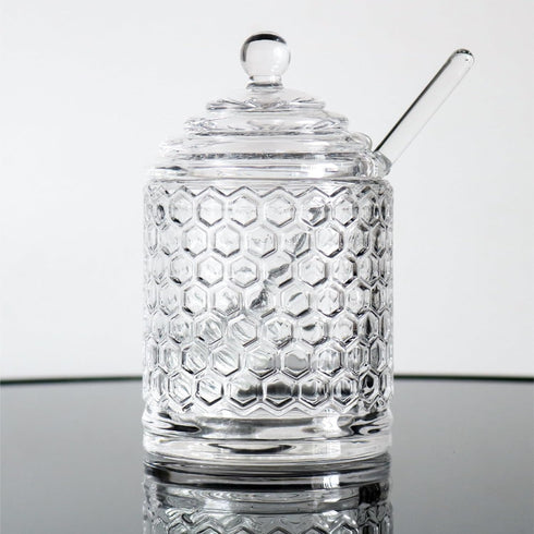 Iyulania (10 oz) Glass Honey Jar with Lid and Dipper, Honeycomb-Inspired Design Container, Heavy Honey Pot for Home