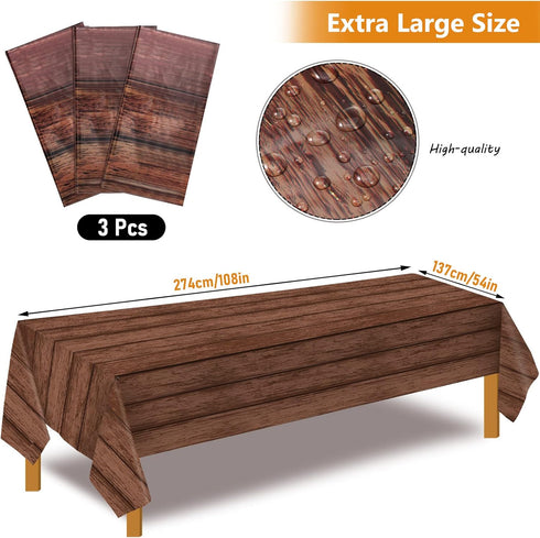 Irenare 3 Pieces Wood Grain Tablecloths, Rustic Plastic Covers for Barbecue Fall Western Themed Birthday Party, 54 x
