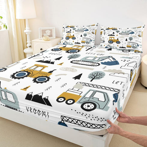 Set Set 3Pcs Feelyou Cartoon Car Kids Fitted Sheet Construction Bed Sheet Decor Equipment Trucks Bedding Cartoon Car