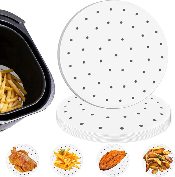 Numola Air Fryer Liners Disposable Parchment Paper, 100 Pcs Airfryer Sheets, 9 Inch White Non-stick Steamer Liner