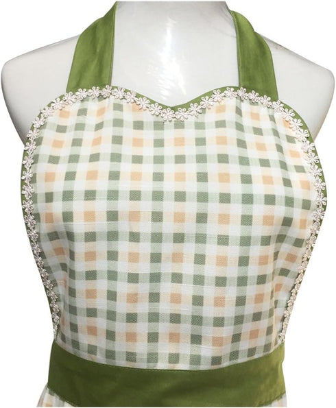 Cute Unique Design Women Girls Retro Apron with Chic Pocket for Cooking Kitchen, Green