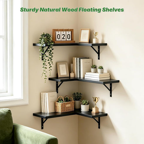 Set 3) NATURE'S SOURCE Corner Floating Shelves, Corner Shelf Wall Mounted, Shelves for Room Wall, Home Decor Living