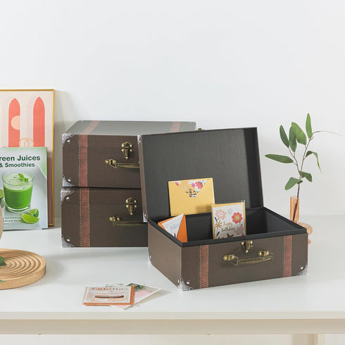 Soul & Lane Set of 3 Cardboard Suitcase Boxes with Handle, Brown Travel-Themed Paperboard Boxes for Decoration