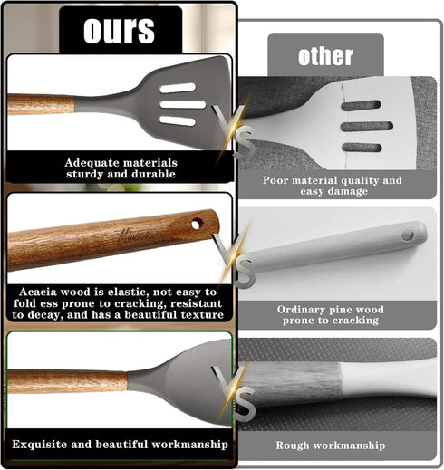 Kitchen Utensils Set, Non-Stick Silicone Cooking Utensils with Acacia Hard Wood Handle, 5 Piece