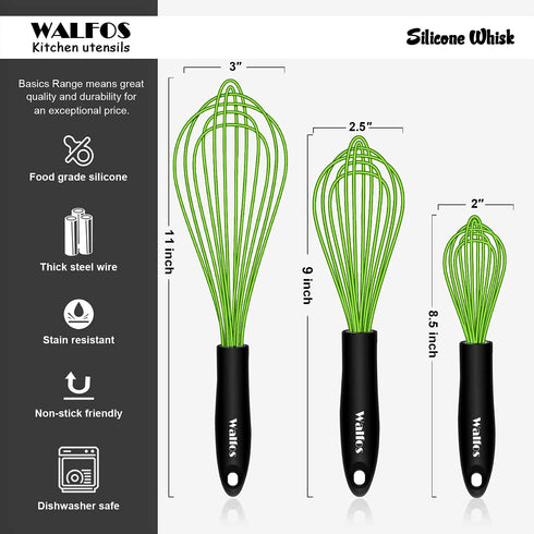 Walfos Silicone Whisk, Rubber Whisks for Cooking, Baking (11, 9, 8.5 inch) - Heat Resistant Kitchen Whisks for
