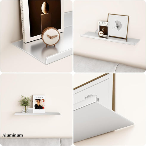 16") Floating Shelf for Wall, Off Center Metal Shelf for Decor, Modern Wall Shelf for Storage with Lip, Hanging Shelf