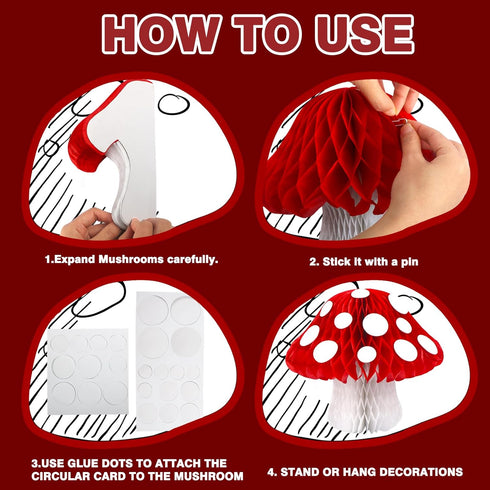 8PCS 3D Mushroom Honeycomb Decor Mushroom Shaped Tissue Paper Pom Decorations for Jungle Wonderland Themed Birthday