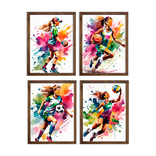 Sports Player Girl Watercolor Art - Female Volleyball, Basketball, Soccer, Softball Decor, 8x10 Unframed Print Set