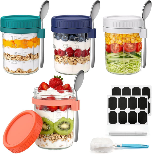 4 Pack Overnight Oats Containers with Lids and Spoons, 16 oz Airtight