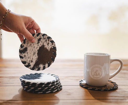 4.5" Set 8 Sunshine Cowhides Natural Cowhide Coaster - Round Assorted Tones Genuine Leather Coasters for Coffee Table