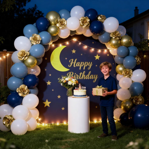 12inch Retro Navy Blue Gold and White Balloons, Pastel Dark Light Blue White Latex Balloons with Metallic Chrome Gold