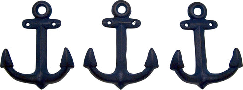 Nautical Cast Iron Ship Anchor Wall Hooks, Wowser, Set of 3 (Blue)