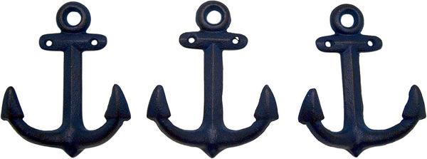Nautical Cast Iron Ship Anchor Wall Hooks, Wowser, Set of 3 (Blue)