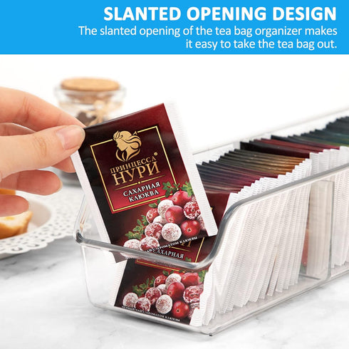 Tea Bag Organizer, Clear Plastic Storage Bin for Tea, Sugar, Coffee, Condiment, and Spice Bags for Countertop