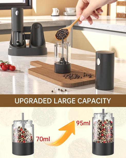 CIRCLE JOY Electric Salt and Pepper Grinder Set, Automatic with Charging Base, LED Light, Adjustable Coarseness, Black